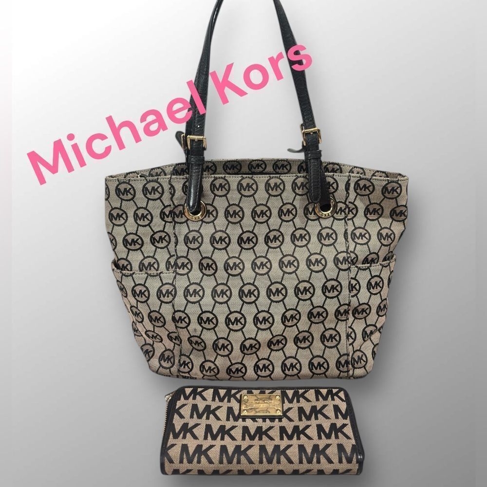 Michael Kors SET Black and Tan Women's Tote Bag + Wallet